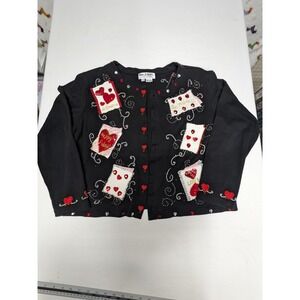 Jack B Quick Womens Black Cotton Valentines Day Heart Beaded Cardigan Large